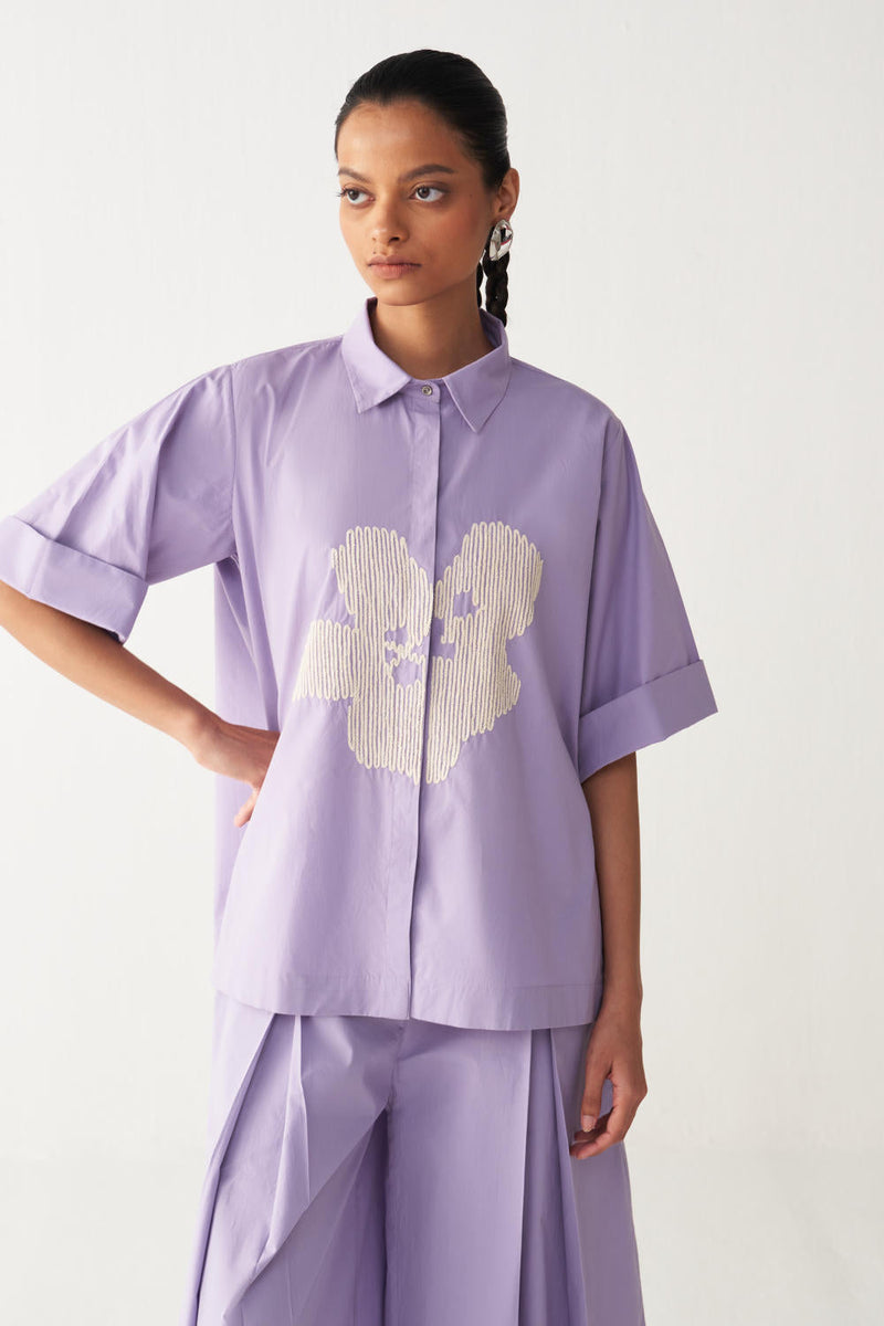 FLORAL EMB. SHIRT-LAVENDER poplin by THREE for women Worldwide