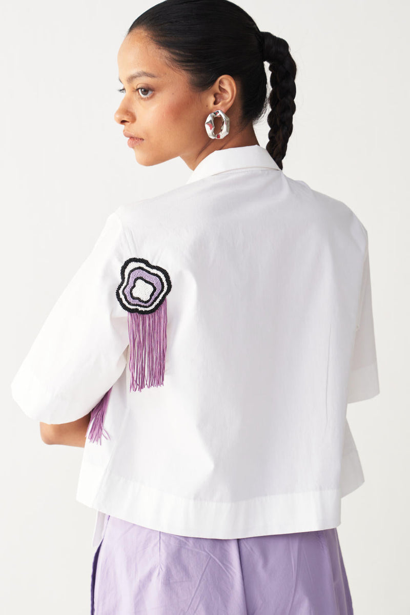 BEADED CROP FRINGE TOP CO-ORD-LAVENDER poplin by THREE for women Worldwide