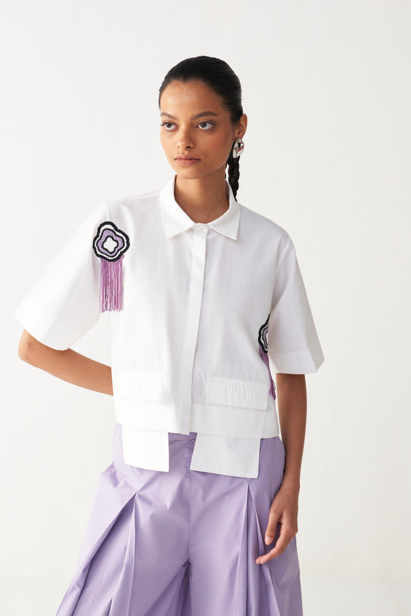 BEADED CROP FRINGE TOP CO-ORD-LAVENDER poplin by THREE for women Worldwide