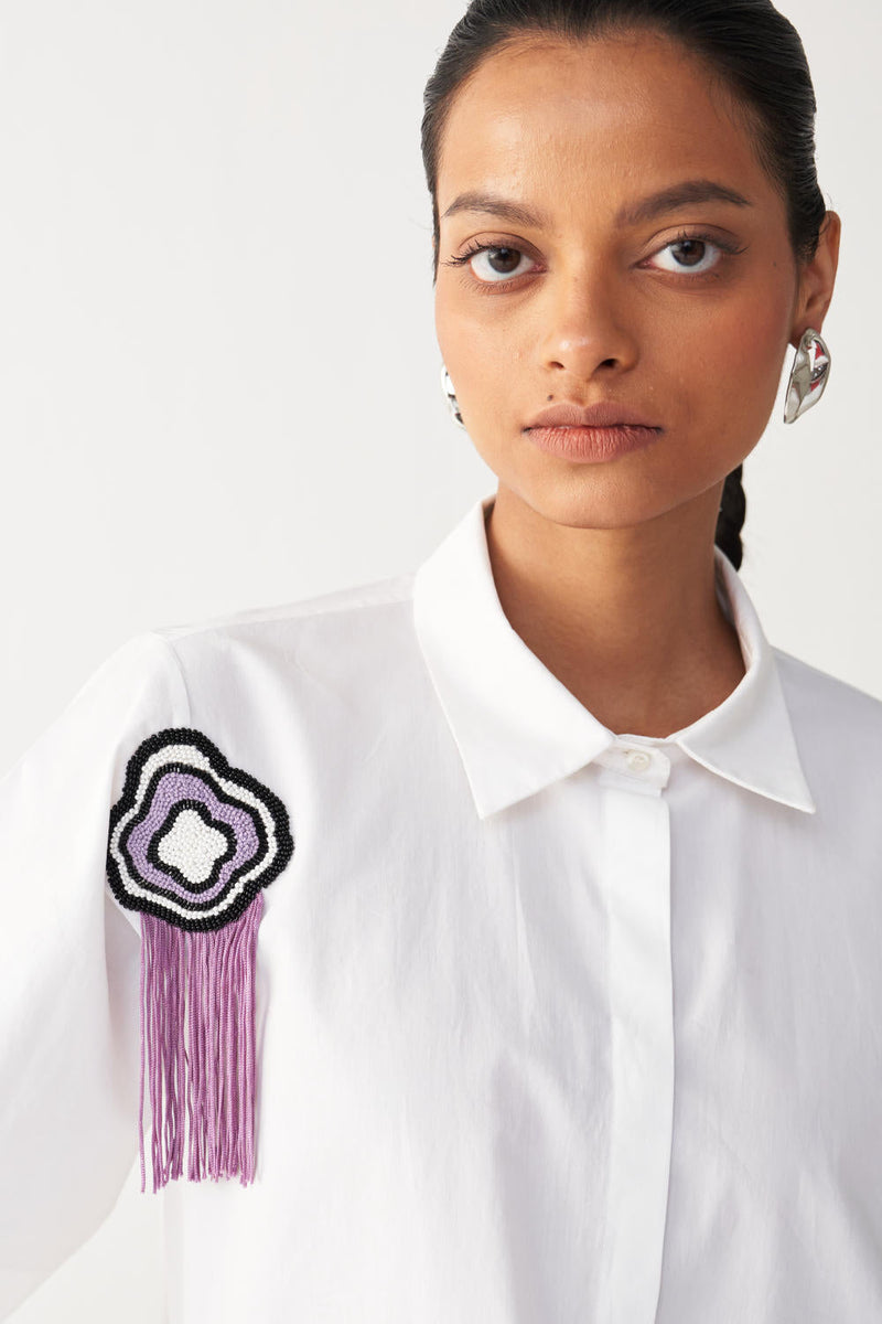 BEADED CROP FRINGE TOP-WHITE poplin by THREE in white color for women Worldwide
