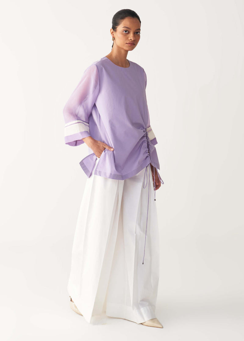 FRONT DRAWSTRING TOP -LAVENDER poplin by THREE for women Worldwide