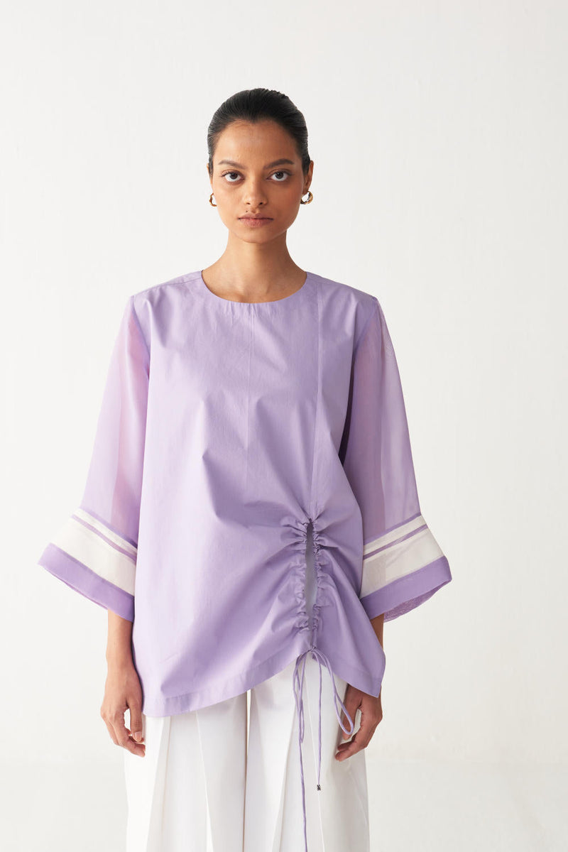 FRONT DRAWSTRING TOP -LAVENDER poplin by THREE for women Worldwide