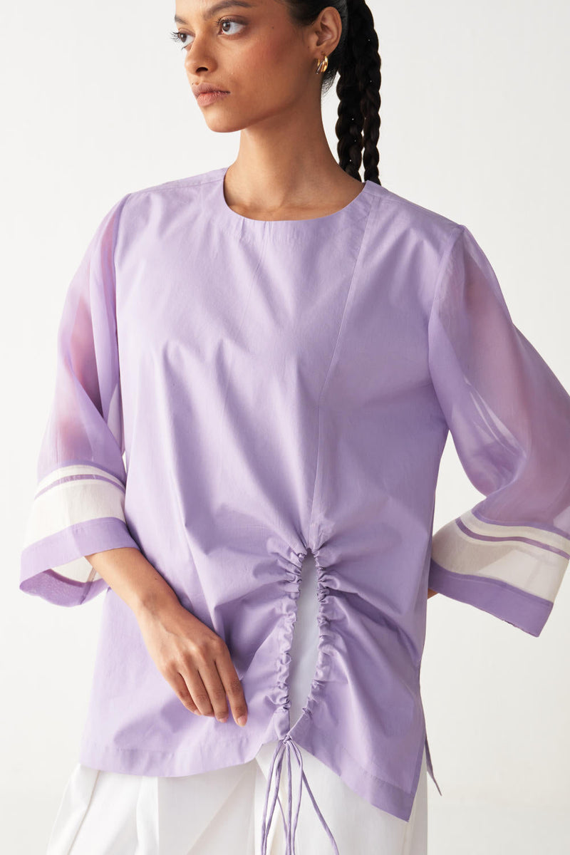 FRONT DRAWSTRING TOP -LAVENDER poplin by THREE for women Worldwide
