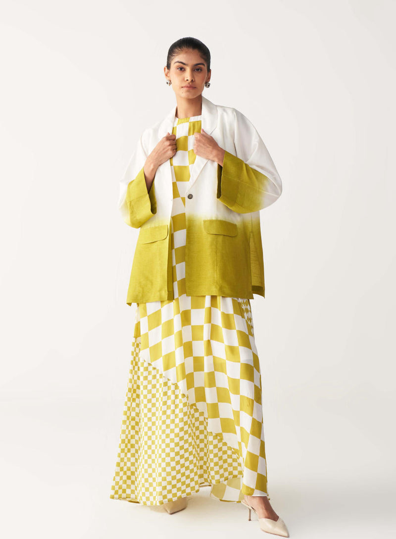 DIP DYE JACKET CO-ORD (Dress included)-IVORY & LIME silk by THREE for women Worldwide