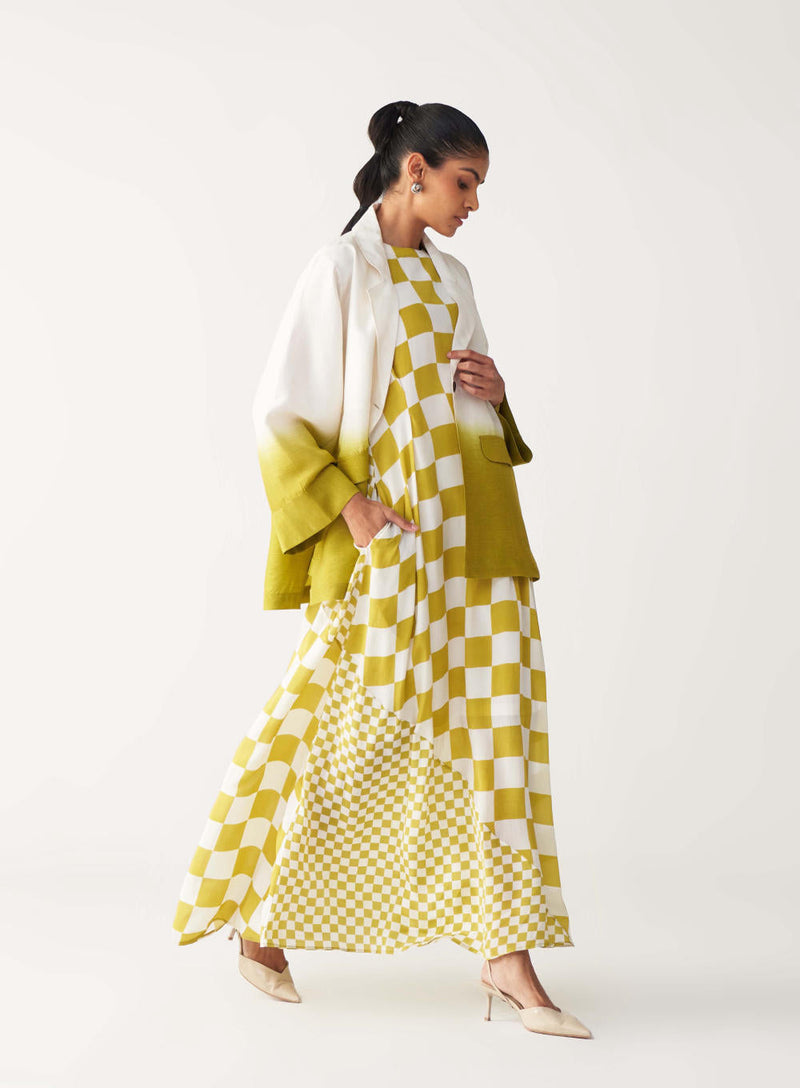 DIP DYE JACKET CO-ORD (Dress included)-IVORY & LIME silk by THREE for women Worldwide