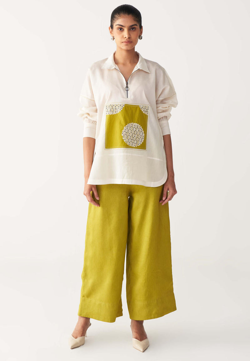 EMB. PATCH U HEM TOP -IVORY chanderi by THREE in ivory color for women Worldwide