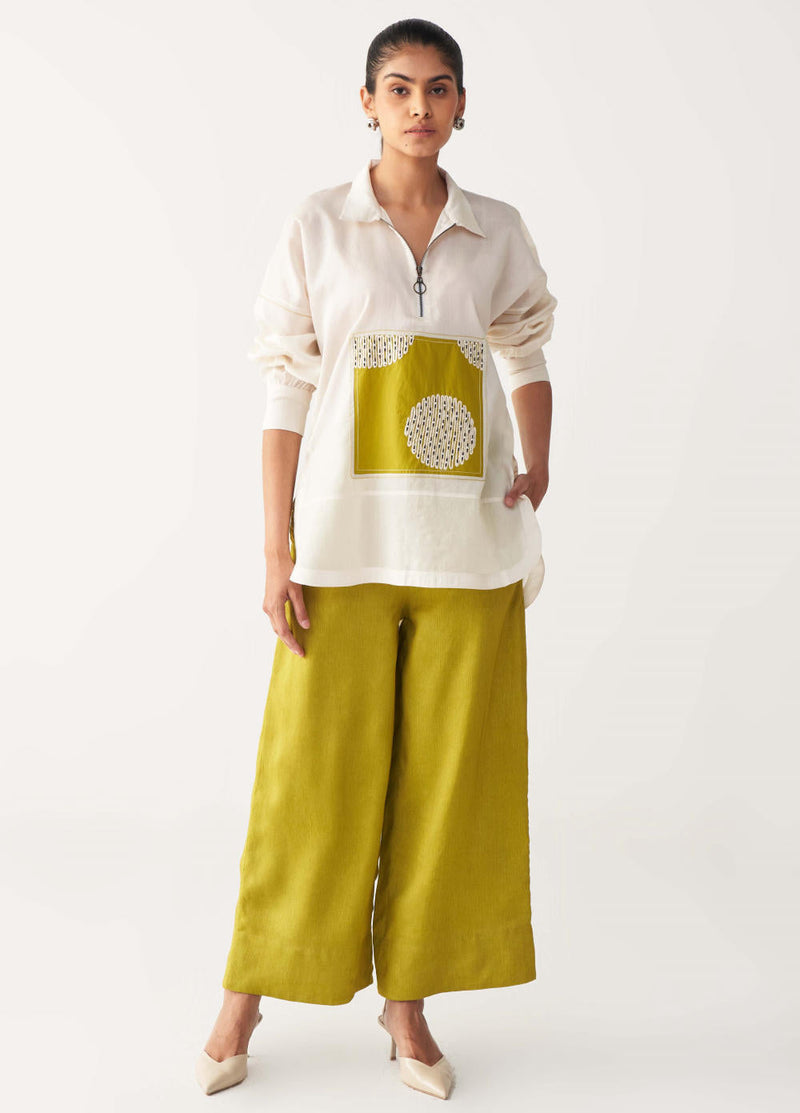 EMB. PATCH U HEM TOP CO-ORD-IVORY & LIME chanderi by THREE for women Worldwide