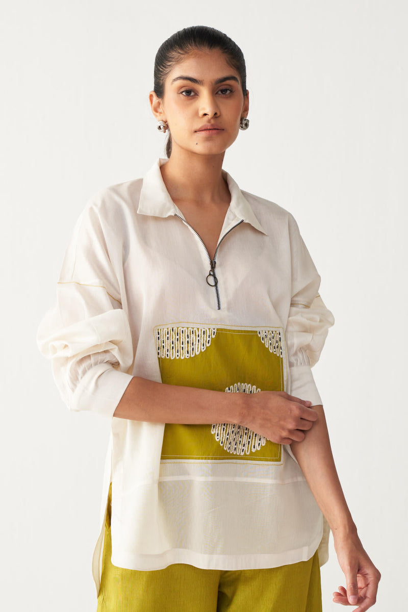 EMB. PATCH U HEM TOP -IVORY chanderi by THREE in ivory color for women Worldwide