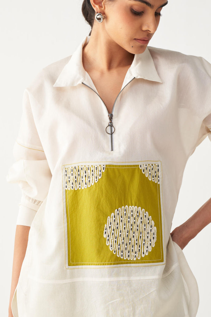 EMB. PATCH U HEM TOP -IVORY chanderi by THREE in ivory color for women Worldwide