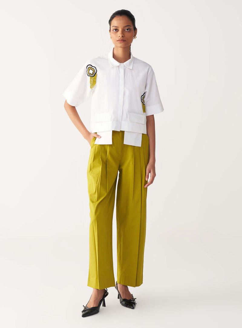BEADED CROP FRINGE TOP CO-ORD-IVORY & LIME poplin by THREE for women Worldwide