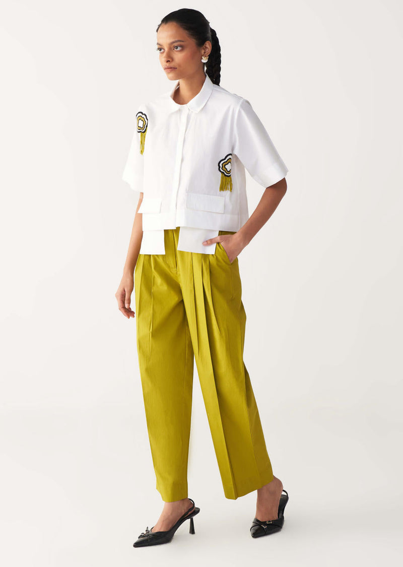 BEADED CROP FRINGE TOP CO-ORD-IVORY & LIME poplin by THREE for women Worldwide