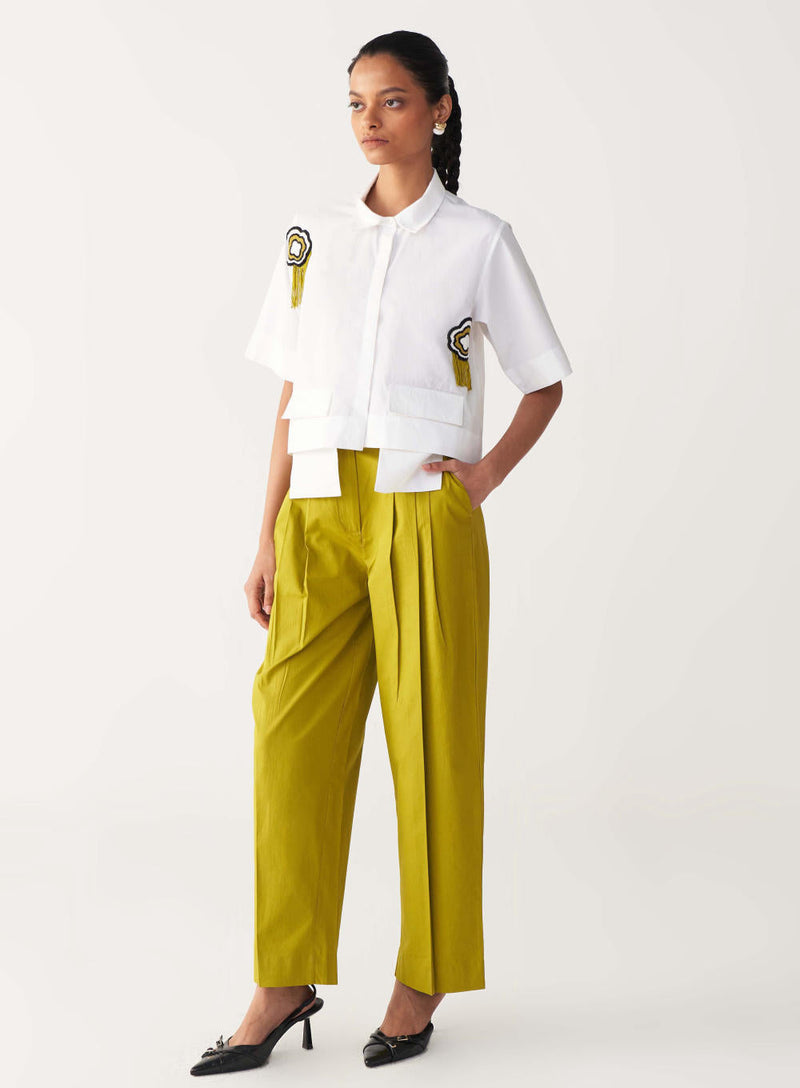 BEADED CROP FRINGE TOP CO-ORD-IVORY & LIME poplin by THREE for women Worldwide