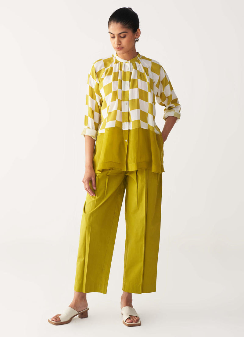 CHECKERED PEASANT TOP -LIME CHECK silk by THREE for women Worldwide