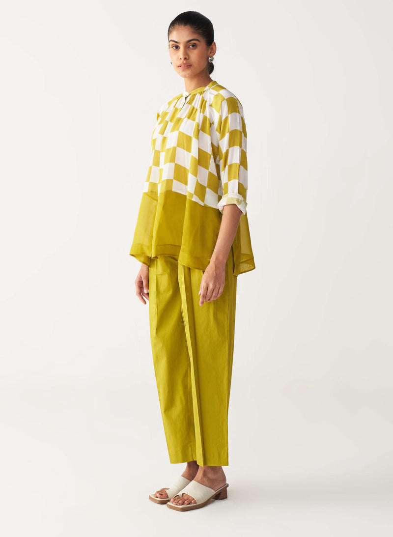 CHECKERED PEASANT TOP -LIME CHECK silk by THREE for women Worldwide