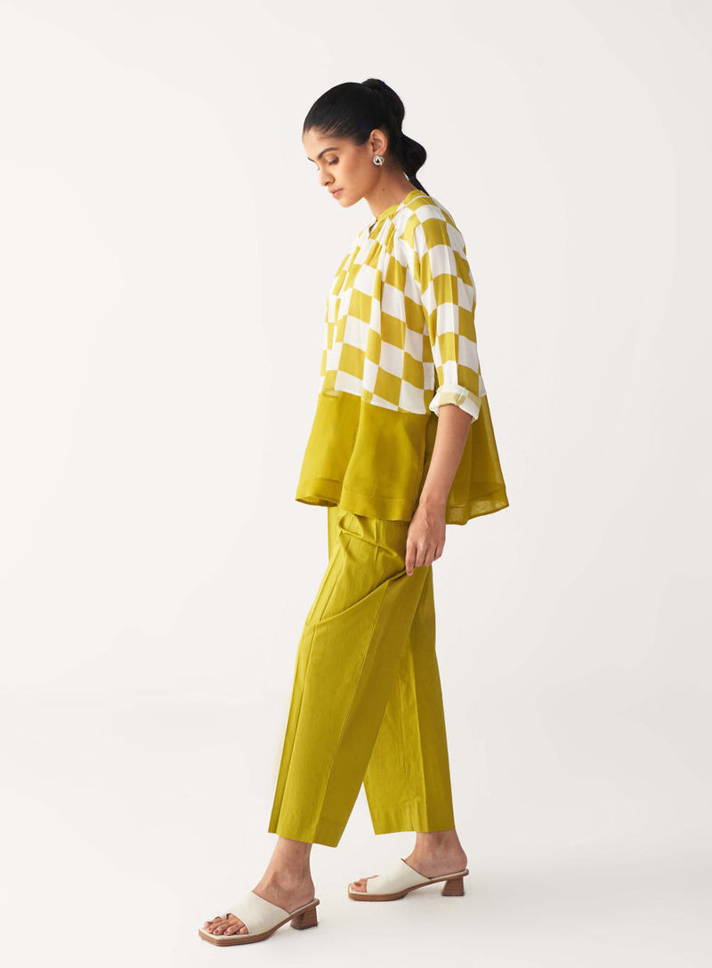 CHECKERED PEASANT TOP -LIME CHECK silk by THREE for women Worldwide