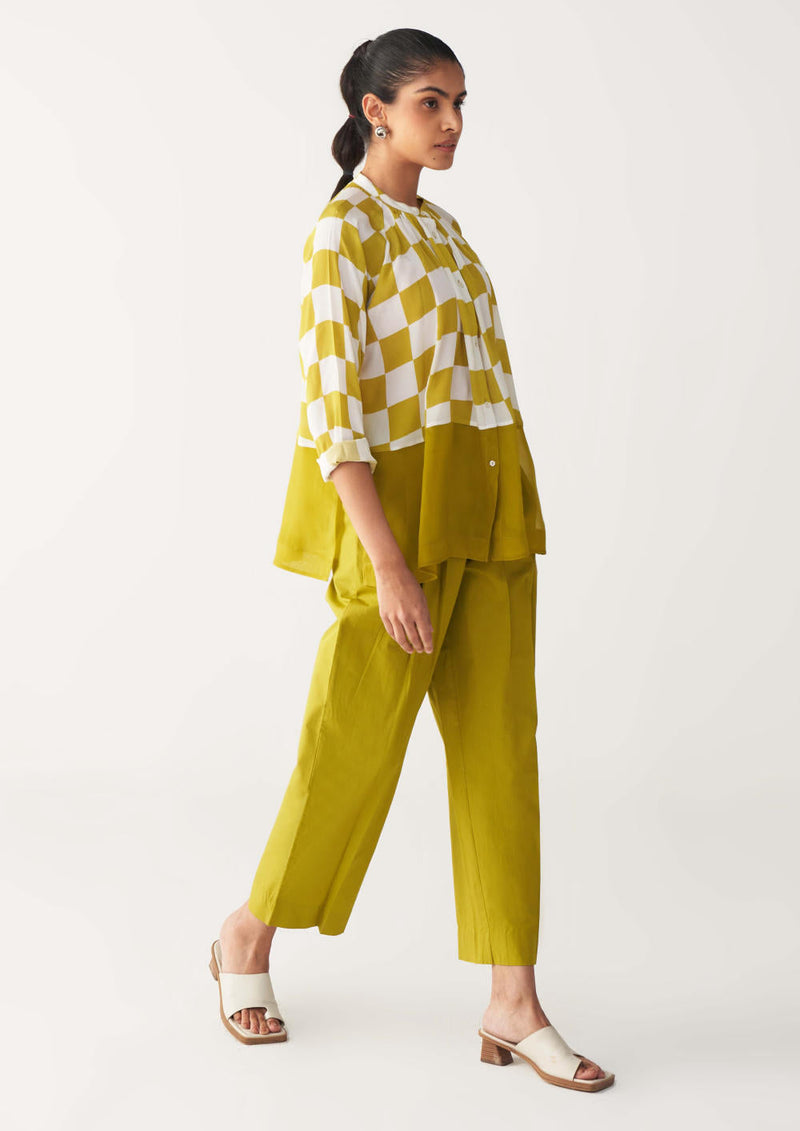 CHECKERED PEASANT TOP -LIME CHECK silk by THREE for women Worldwide