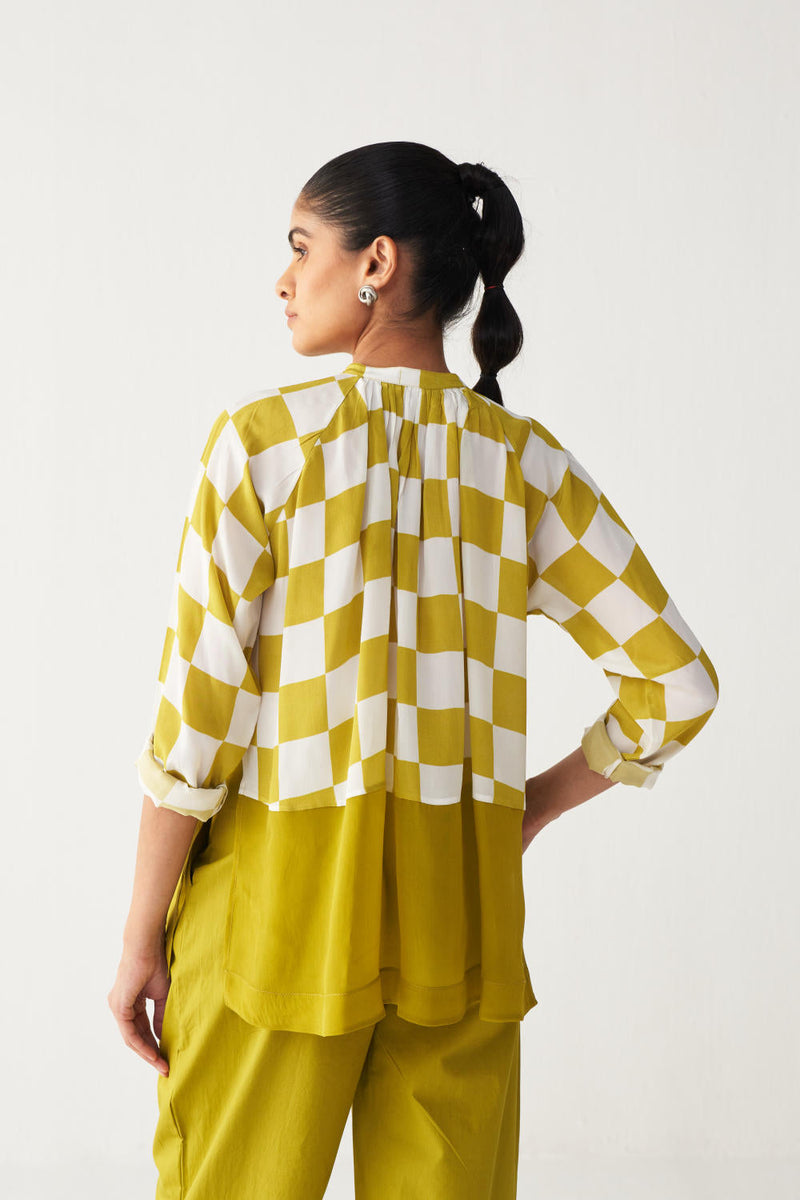 CHECKERED PEASANT TOP -LIME CHECK silk by THREE for women Worldwide
