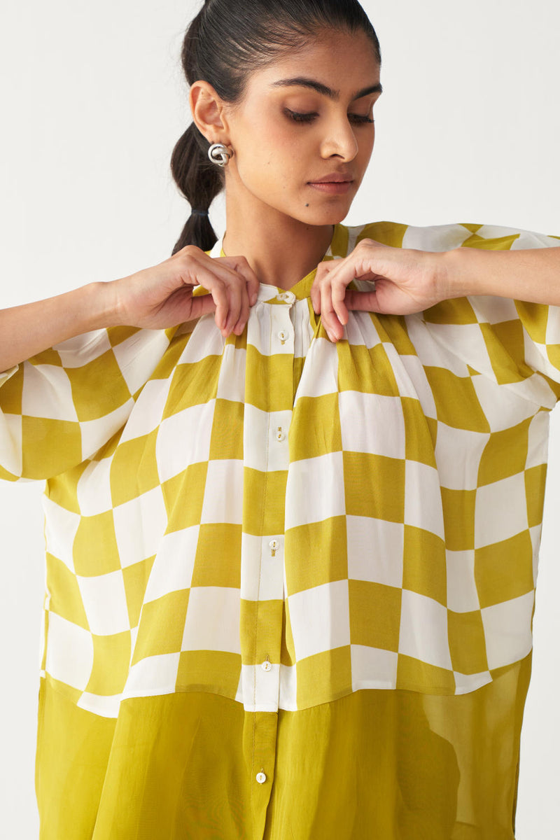 CHECKERED PEASANT TOP -LIME CHECK silk by THREE for women Worldwide