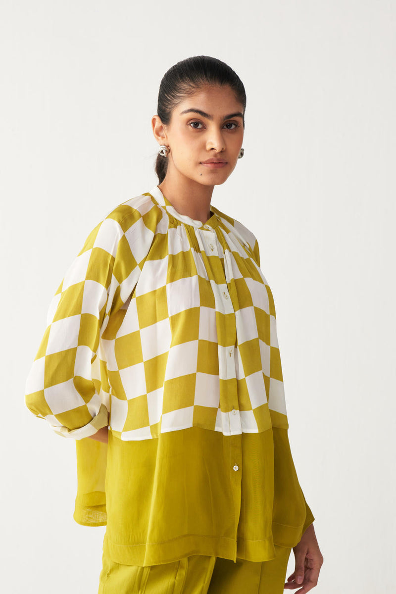 CHECKERED PEASANT TOP -LIME CHECK silk by THREE for women Worldwide