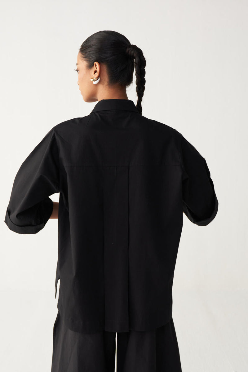 FLORAL FRINGE SHIRT CO-ORD-BLACK poplin by THREE in black color for women Worldwide