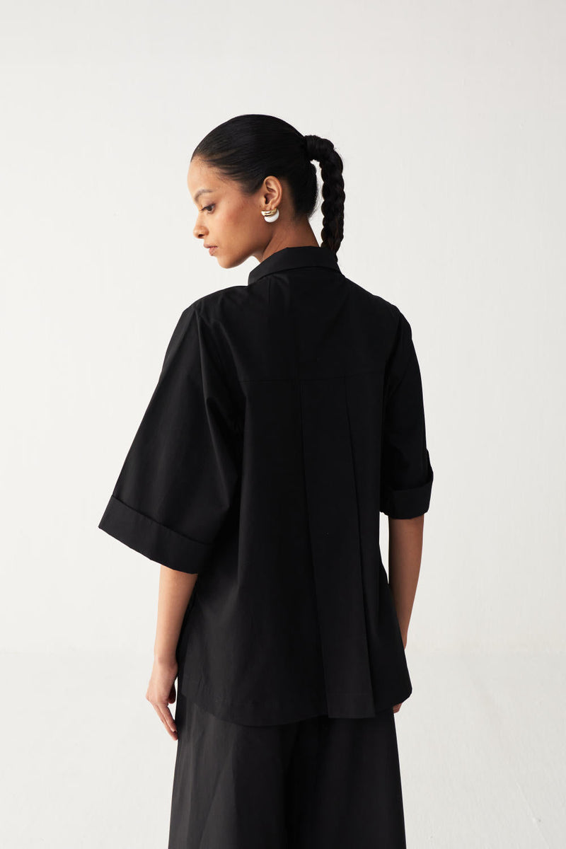 FLORAL FRINGE SHIRT CO-ORD-BLACK poplin by THREE in black color for women Worldwide