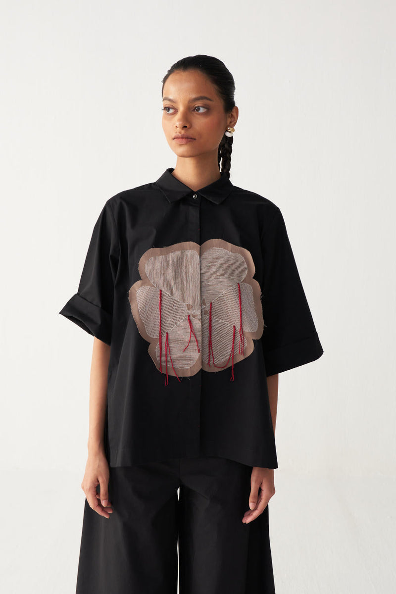 FLORAL FRINGE SHIRT CO-ORD-BLACK poplin by THREE in black color for women Worldwide