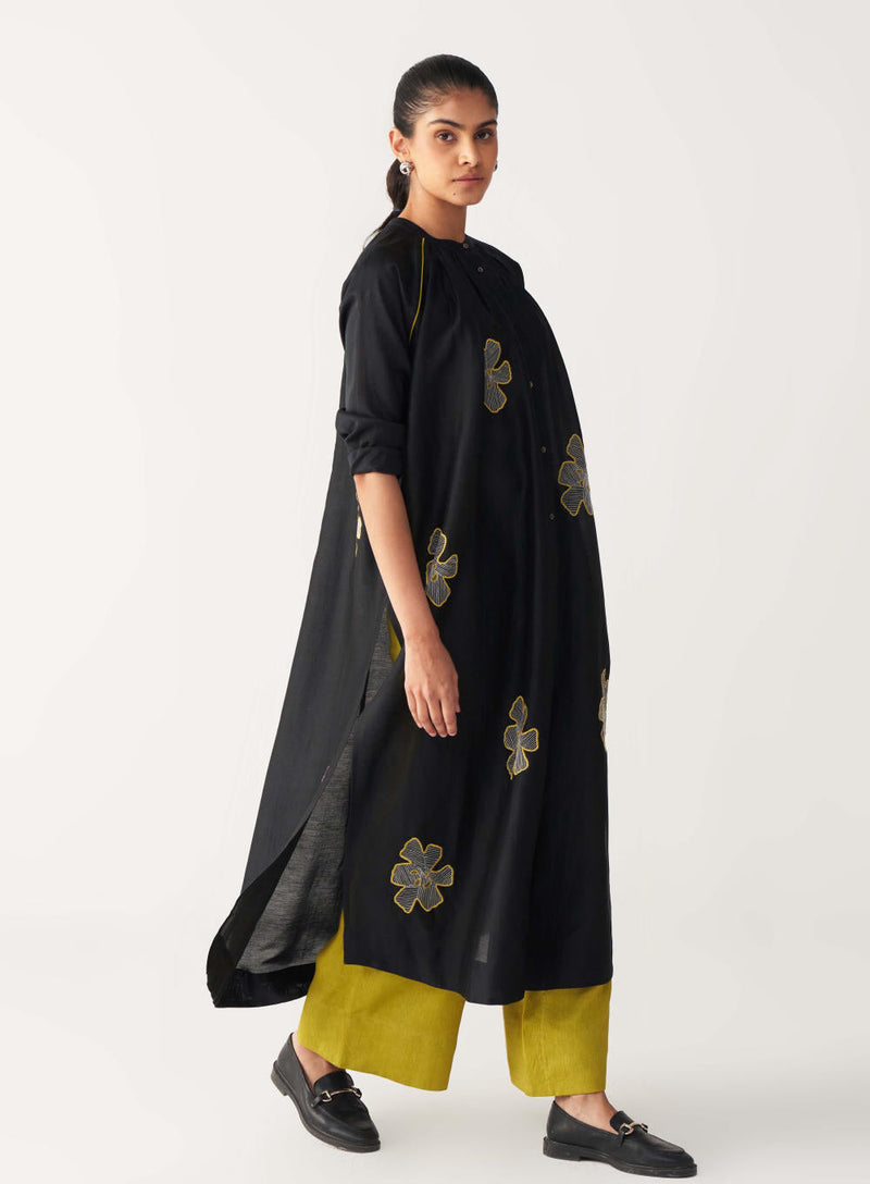 FLORAL EMB. GATHER NECK SHIRT CO-ORD-BLACK & LIME chanderi by THREE in black color for women Worldwide