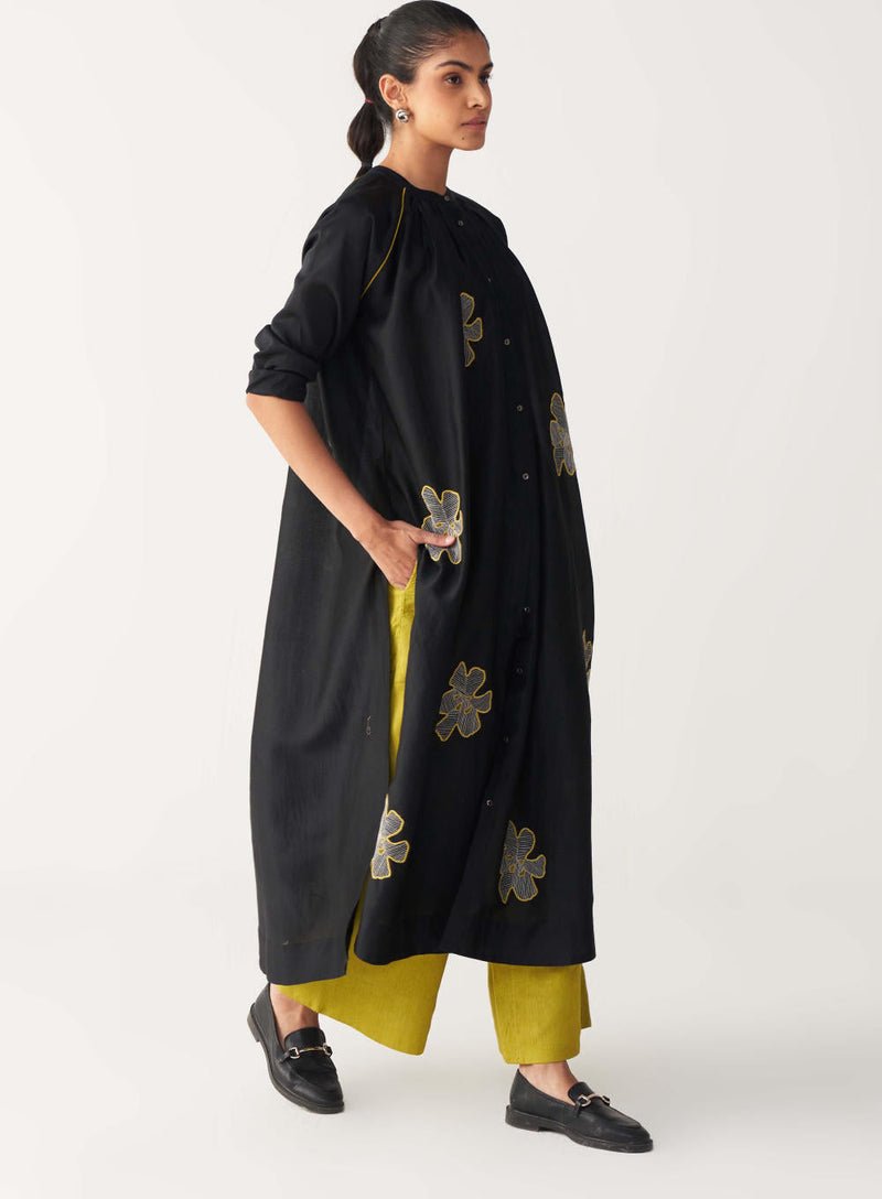 FLORAL EMB. GATHER NECK SHIRT CO-ORD-BLACK & LIME chanderi by THREE in black color for women Worldwide