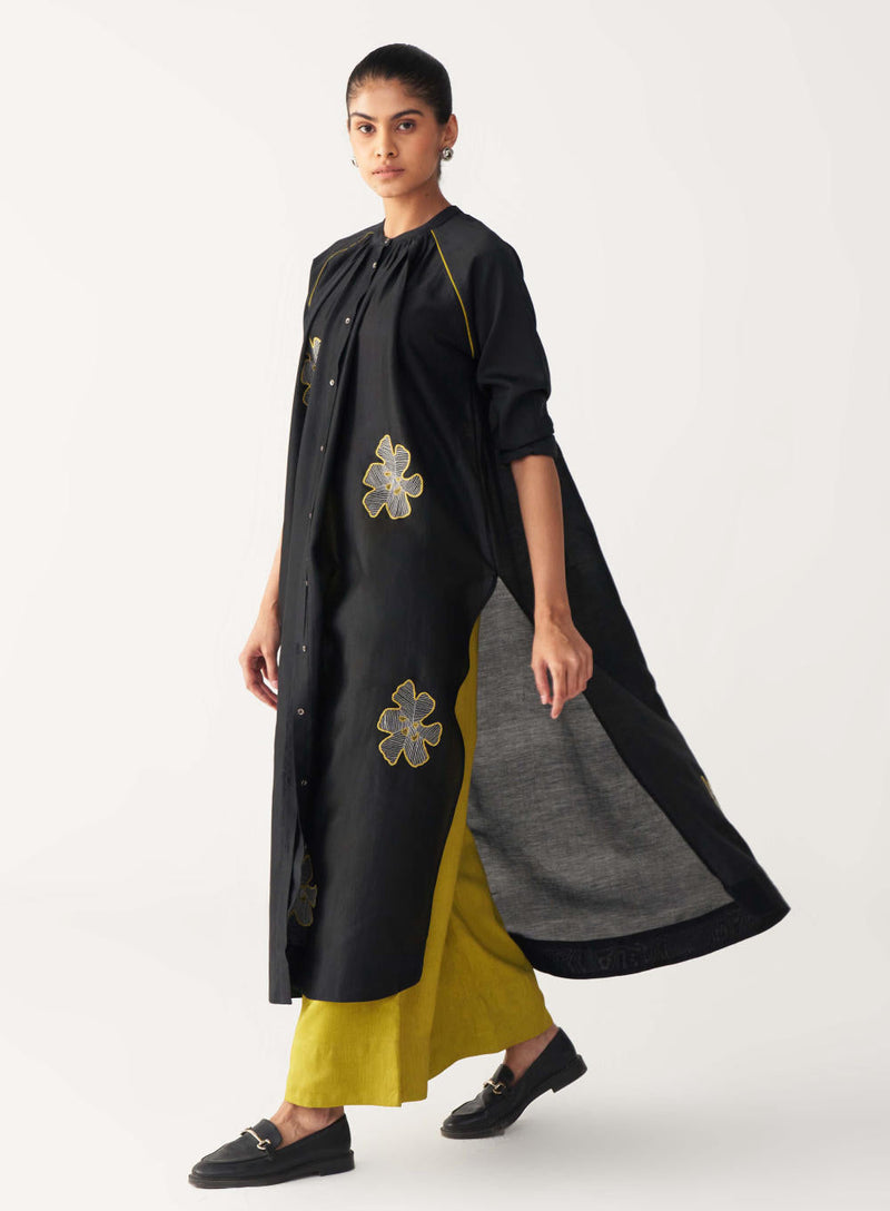 FLORAL EMB. GATHER NECK SHIRT CO-ORD-BLACK & LIME chanderi by THREE in black color for women Worldwide