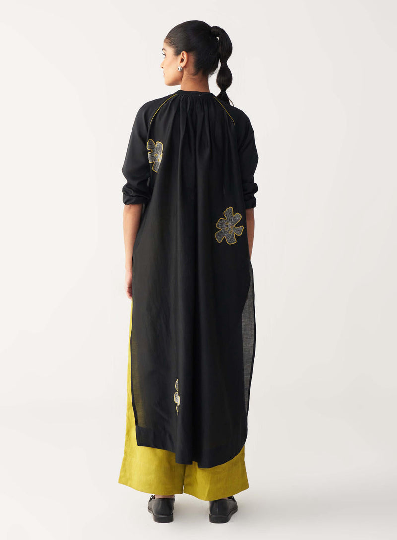 FLORAL EMB. GATHER NECK SHIRT CO-ORD-BLACK & LIME chanderi by THREE in black color for women Worldwide