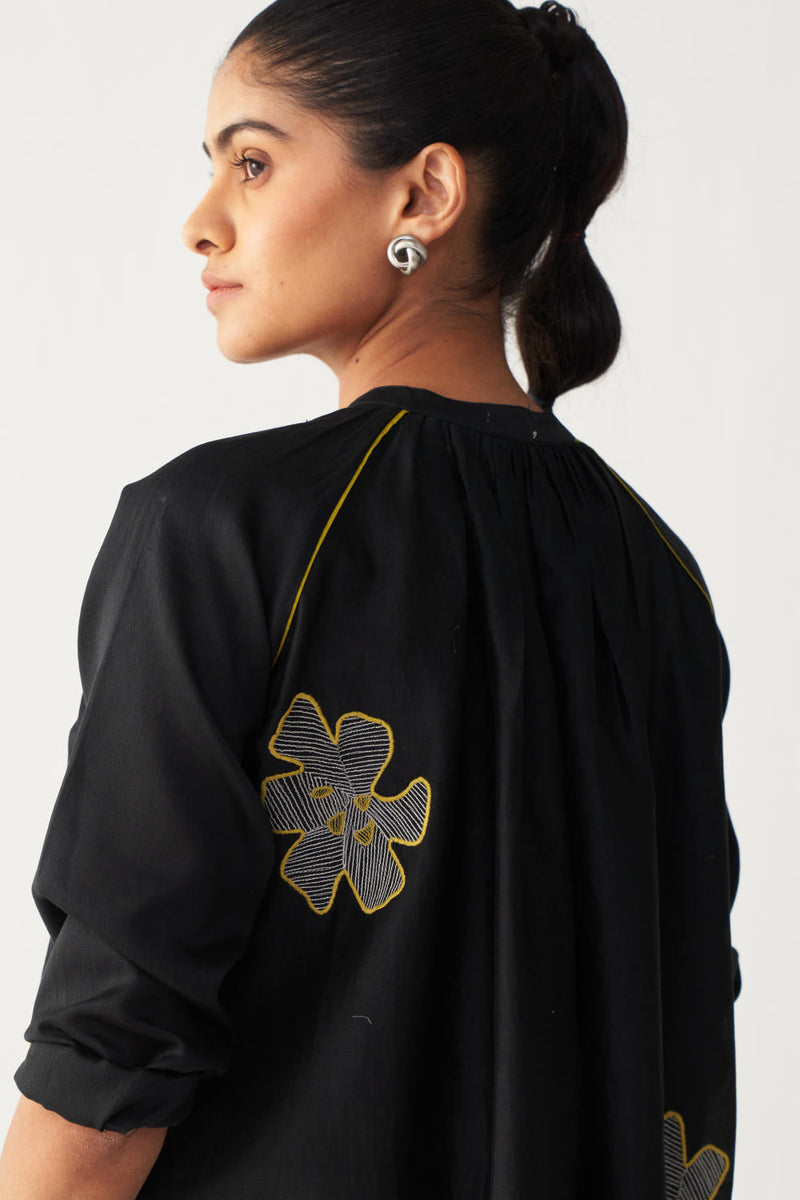 FLORAL EMB. GATHER NECK SHIRT CO-ORD-BLACK & LIME chanderi by THREE in black color for women Worldwide
