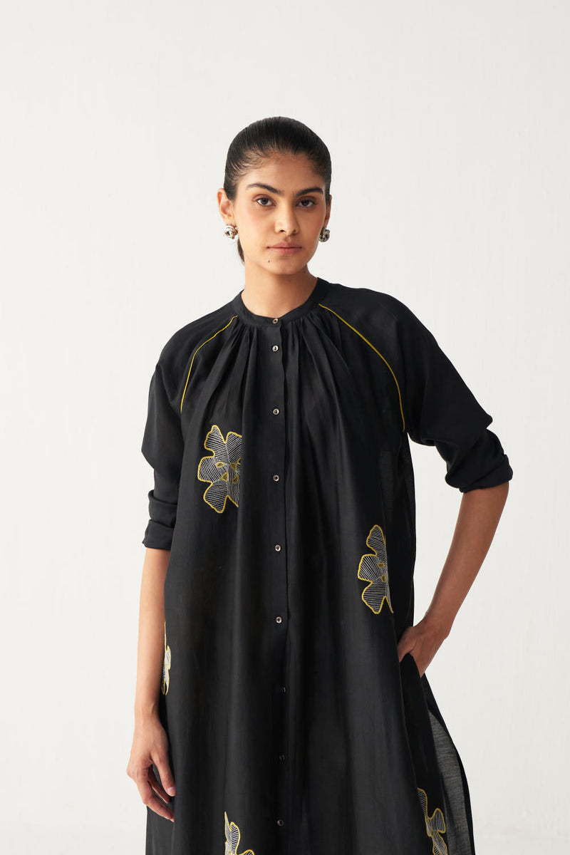FLORAL EMB. GATHER NECK SHIRT CO-ORD-BLACK & LIME chanderi by THREE in black color for women Worldwide