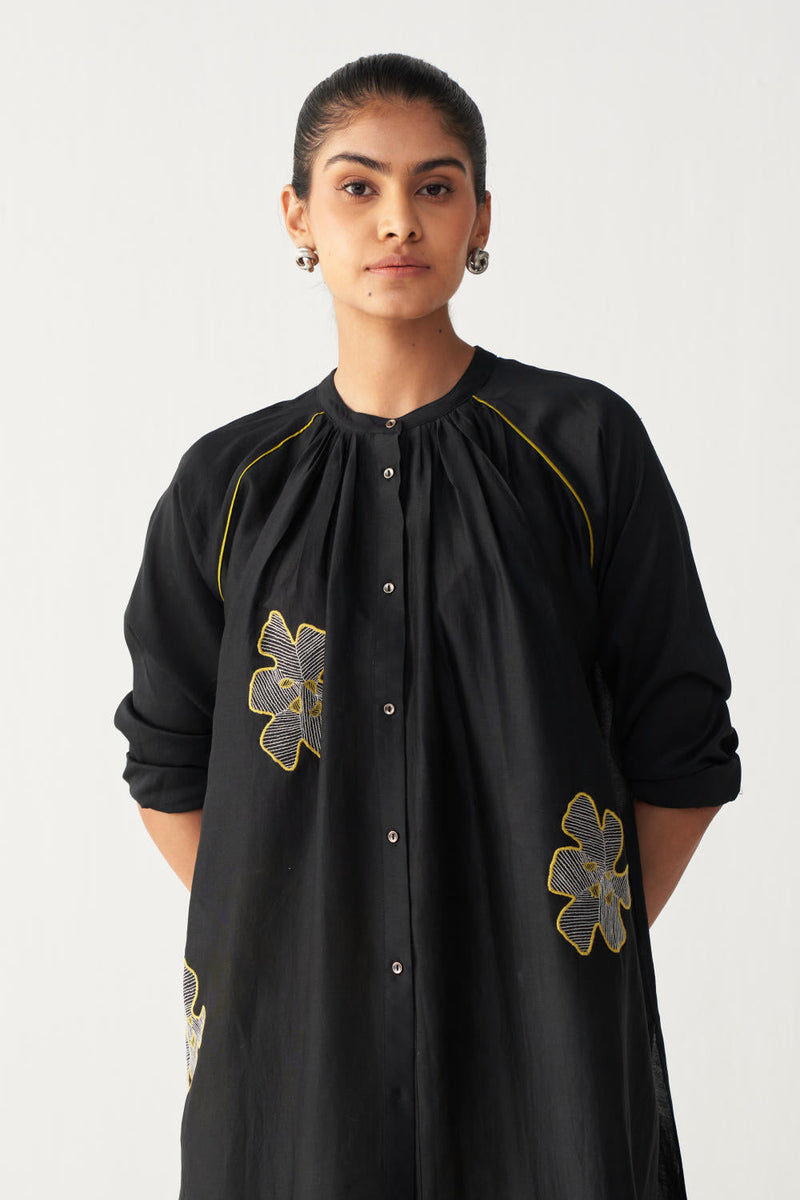 FLORAL EMB. GATHER NECK SHIRT CO-ORD-BLACK & LIME chanderi by THREE in black color for women Worldwide