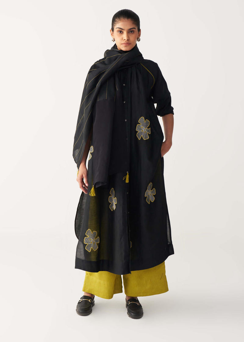 PANEL EMBROIDERED SCARF-BLACK chanderi by THREE in black color for women Worldwide