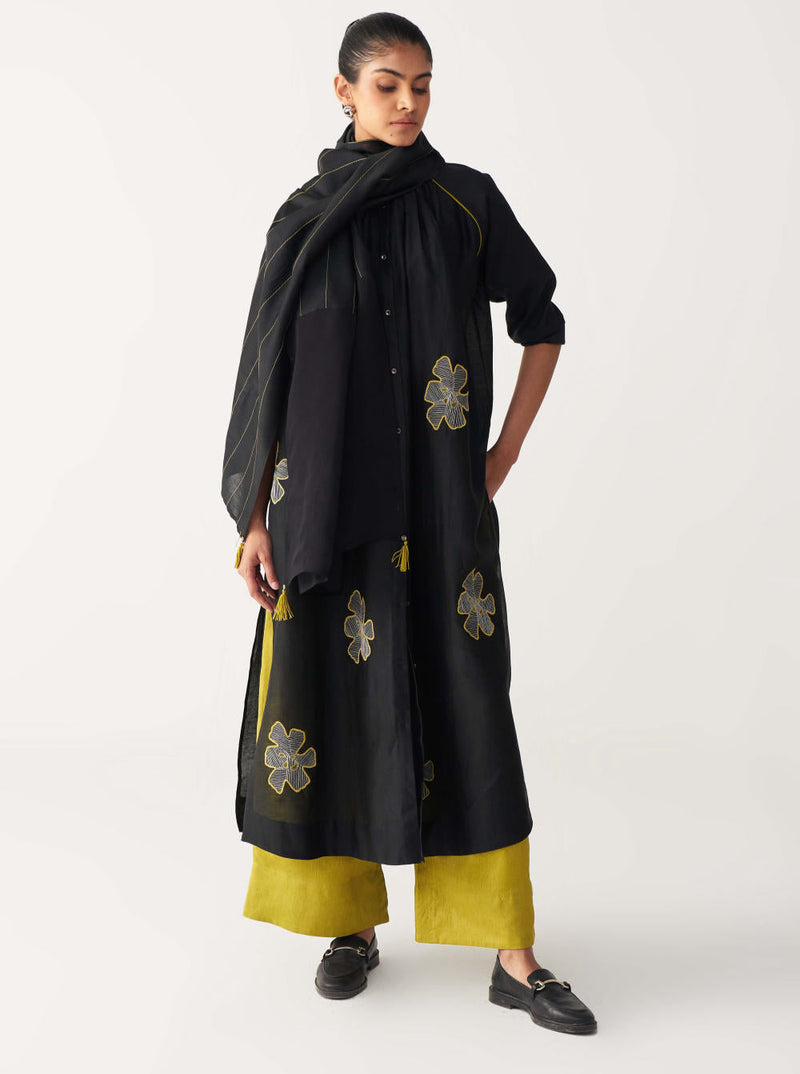 FLORAL EMB. GATHER NECK SHIRT CO-ORD (SET OF 3)-BLACK & LIME chanderi by THREE in black color for women Worldwide