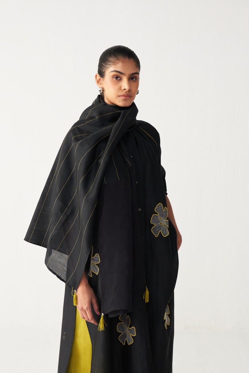 FLORAL EMB. GATHER NECK SHIRT CO-ORD (SET OF 3)-BLACK & LIME chanderi by THREE in black color for women Worldwide
