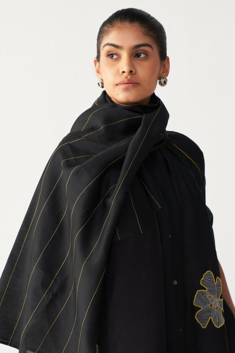 FLORAL EMB. GATHER NECK SHIRT CO-ORD (SET OF 3)-BLACK & LIME chanderi by THREE in black color for women Worldwide