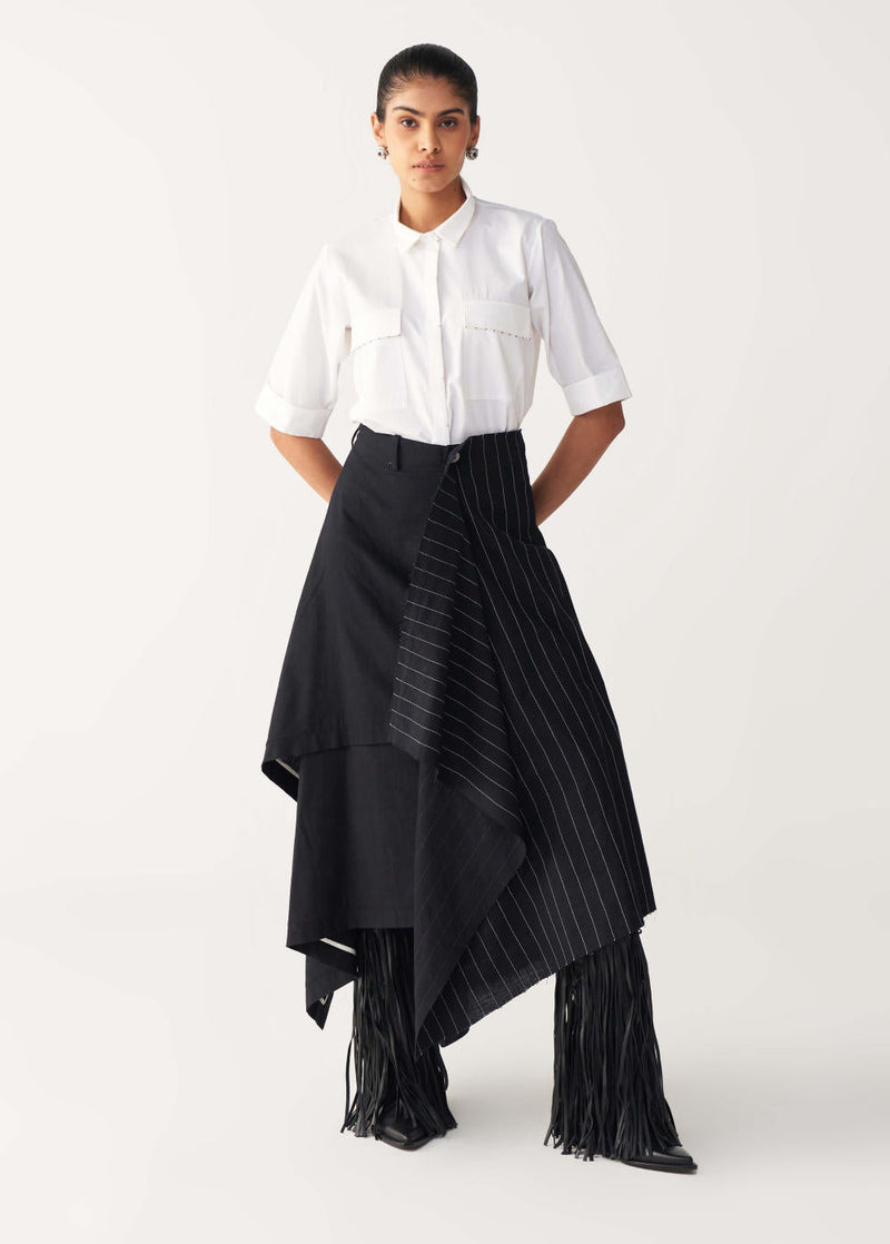 EMB. HANDKERCHIEF SKIRT CO-ORD-BLACK & WHITE poplin by THREE in black color for women Worldwide