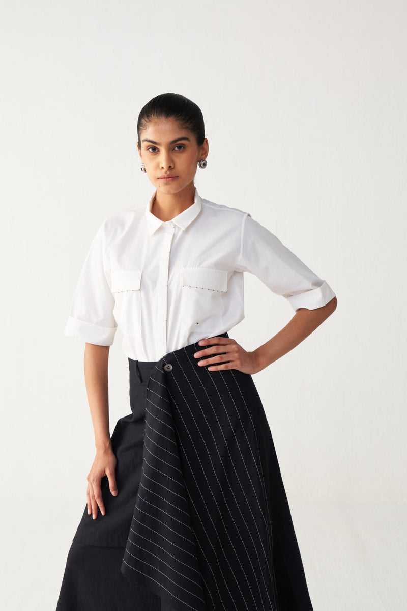EMB. HANDKERCHIEF SKIRT CO-ORD-BLACK & WHITE poplin by THREE in black color for women Worldwide