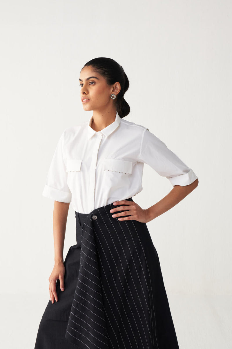 EMB. HANDKERCHIEF SKIRT CO-ORD-BLACK & WHITE poplin by THREE in black color for women Worldwide