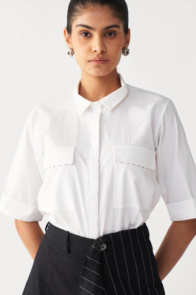 EMB. HANDKERCHIEF SKIRT CO-ORD-BLACK & WHITE poplin by THREE in black color for women Worldwide