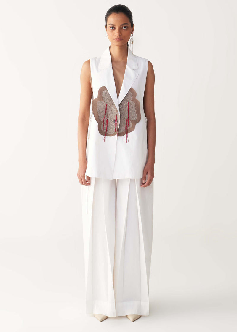 FLORAL FRINGE WAIST COAT-WHITE poplin by THREE in white color for women Worldwide