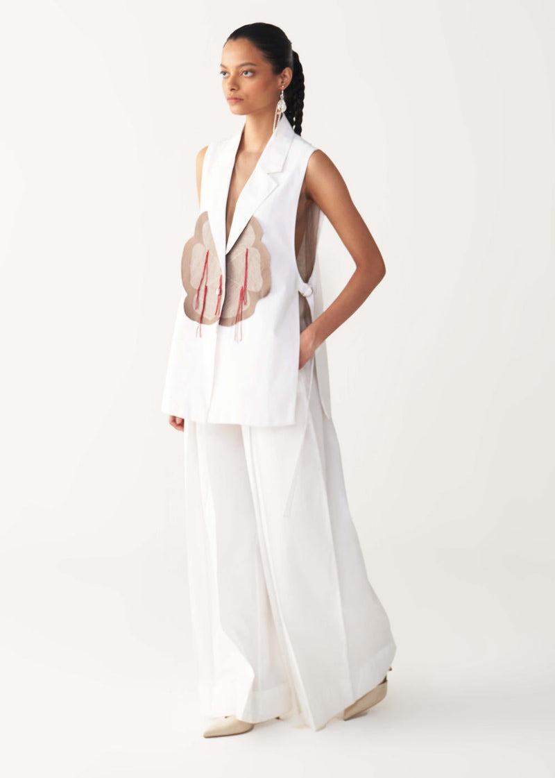 FLORAL FRINGE WAIST COAT-WHITE poplin by THREE in white color for women Worldwide