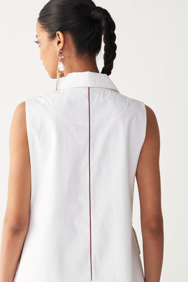 FLORAL FRINGE WAIST COAT CO-ORD-WHITE poplin by THREE in white color for women Worldwide