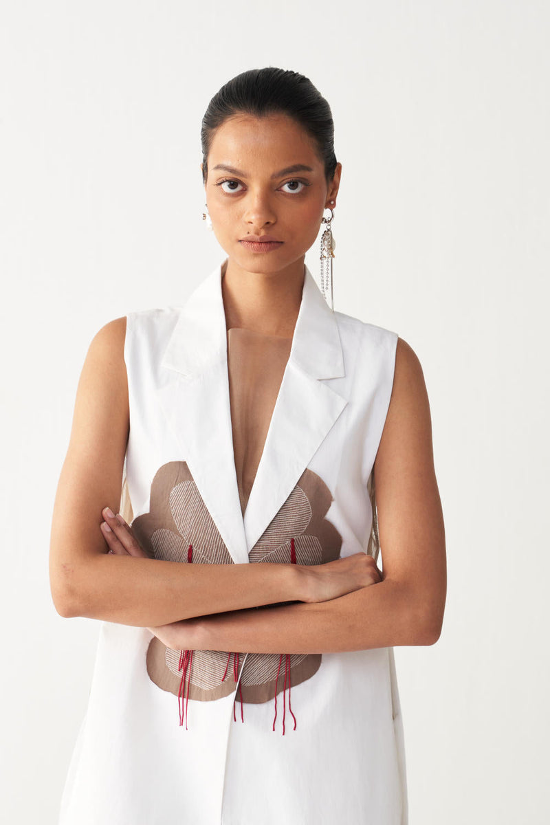 FLORAL FRINGE WAIST COAT-WHITE poplin by THREE in white color for women Worldwide