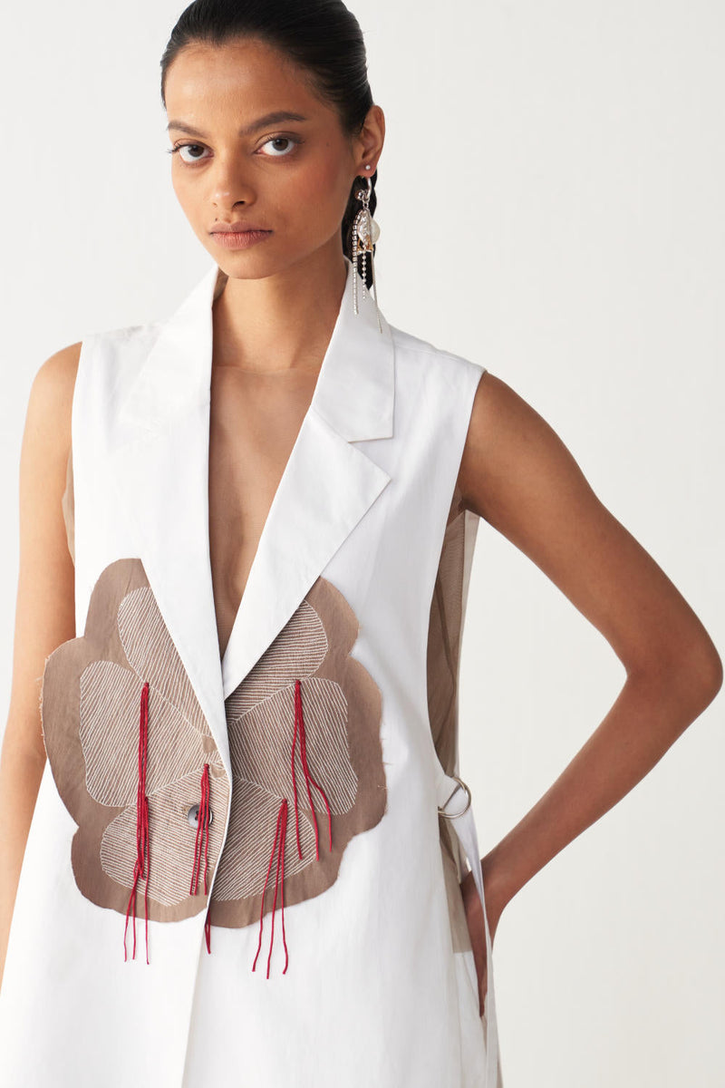 FLORAL FRINGE WAIST COAT CO-ORD-WHITE poplin by THREE in white color for women Worldwide