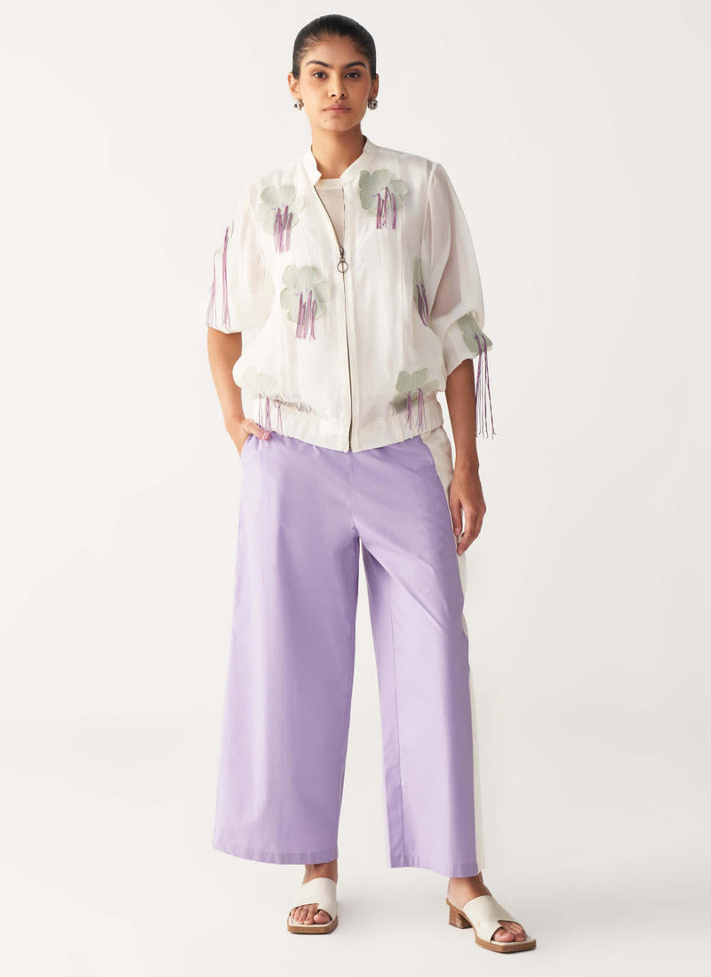 FLORAL FRINGE BOMBER-IVORY chanderi by THREE in ivory color for women Worldwide