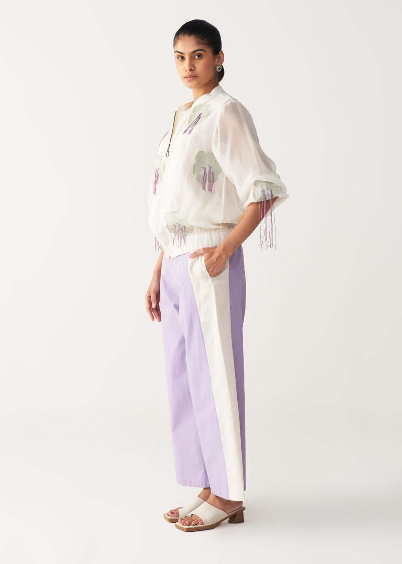FLORAL FRINGE BOMBER CO-ORD-IVORY & LAVENDER chanderi by THREE in ivory color for women Worldwide