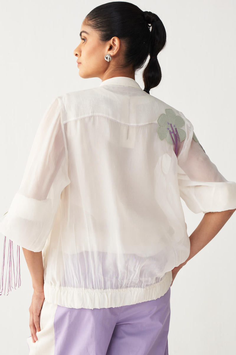 FLORAL FRINGE BOMBER CO-ORD-IVORY & LAVENDER chanderi by THREE in ivory color for women Worldwide