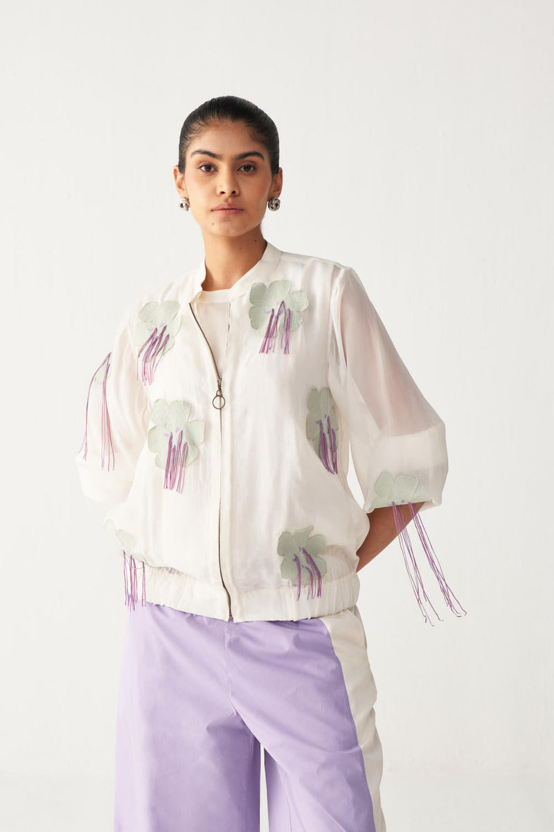FLORAL FRINGE BOMBER-IVORY chanderi by THREE in ivory color for women Worldwide